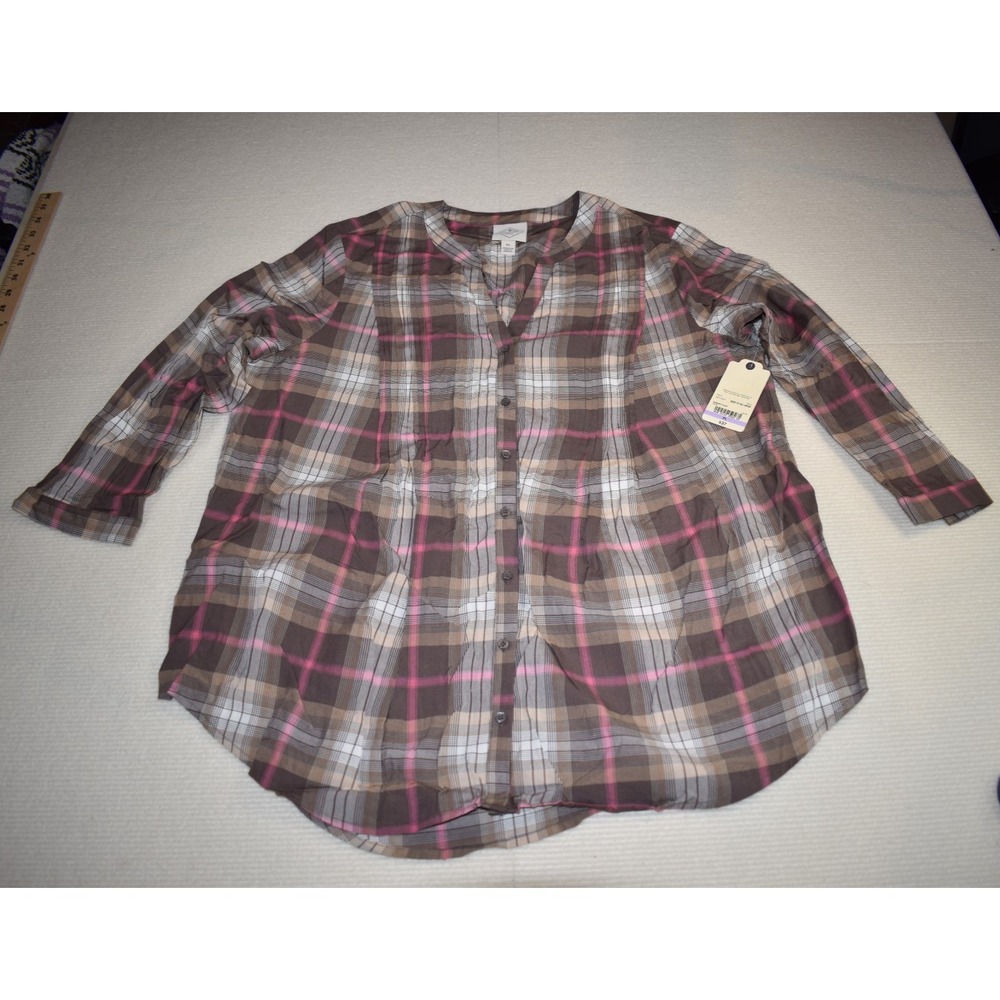 NWT St. John's Bay Women's Petite Large Brown Pink Plaid V-Neck Button Blouse